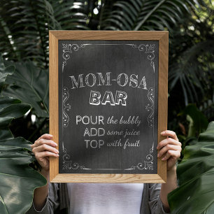 Baby Shower MOM-OSA BAR White Flowers Chalkboard Poster