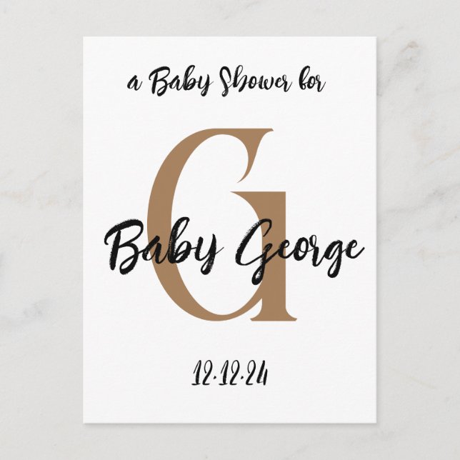 Baby shower monogram name minimal invite postcard (Front)