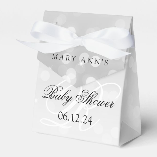 Baby Shower Monogram Silver Bokeh Sparkle Lights Favour Box (Front Side)