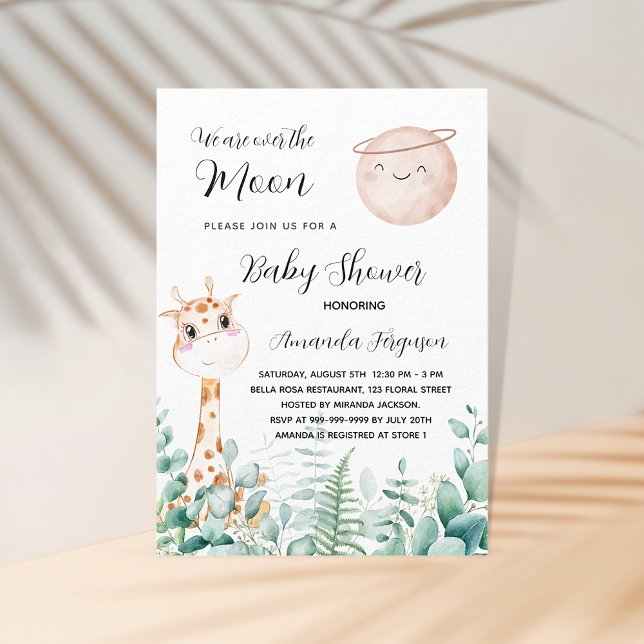 Baby Shower moon giraffe eucalyptus woodland Invitation Postcard (Creator Uploaded)
