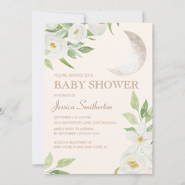 Baby Shower Moon White Floral Green Leaves Invitation (Front)