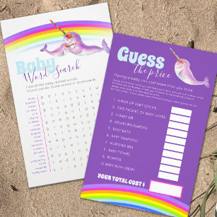 Baby shower narwhal word search price guess game flyer