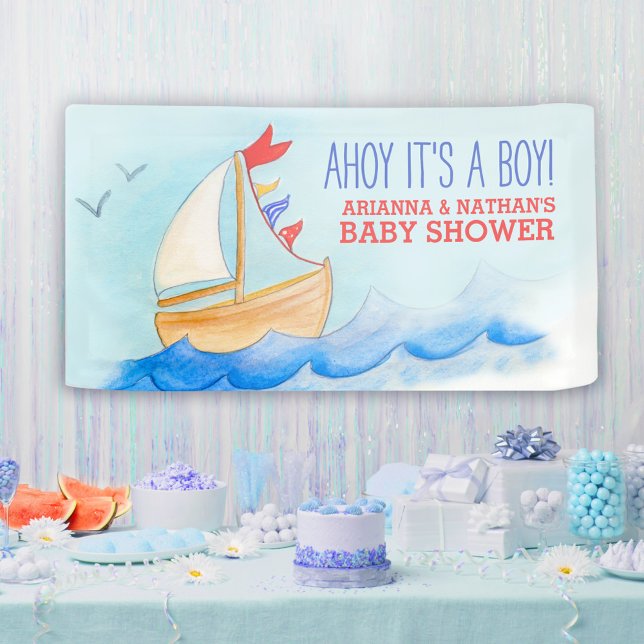 Baby shower nautical sail boat blue red custom banner (Creator Uploaded)