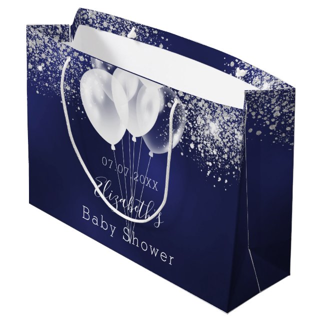 Baby Shower navy blue white glitter balloons Large Gift Bag (Back Angled)