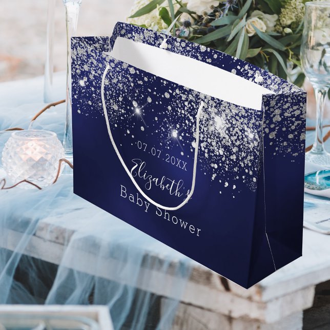 Baby Shower navy blue white glitter monogram boy Large Gift Bag (Creator Uploaded)