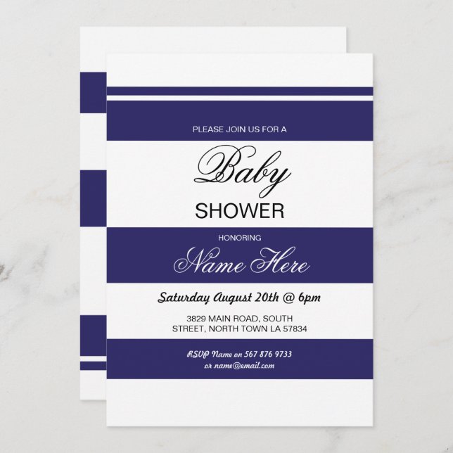 Baby Shower Navy & White Stripe Party Chic Invite (Front/Back)