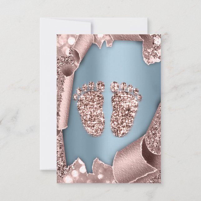 Baby Shower New Girl Boy Feet  Glam Rose Blue  3D Invitation (Back)