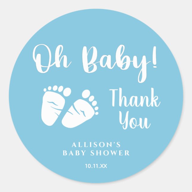 Baby Shower Oh Baby Baby Feet Blue Thank You Classic Round Sticker (Front)