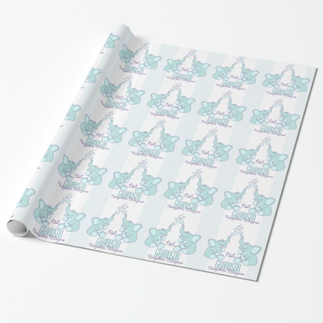 Baby Shower or birth grandson name aqua blue wrap Wrapping Paper (Unrolled)