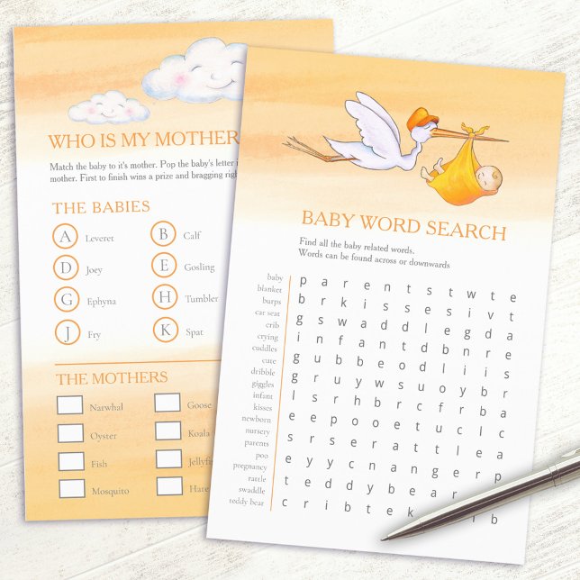 Baby shower orange word search baby match game  flyer (Creator Uploaded)