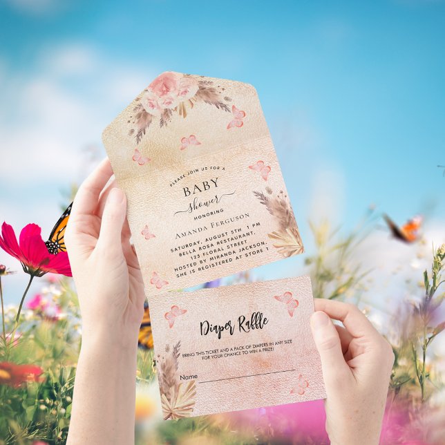 Baby Shower pampas butterfly floral diaper raffle All In One Invitation (Creator Uploaded)