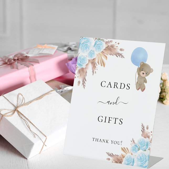 Baby shower pampas grass blue teddy cards gifts pedestal sign (Creator Uploaded)