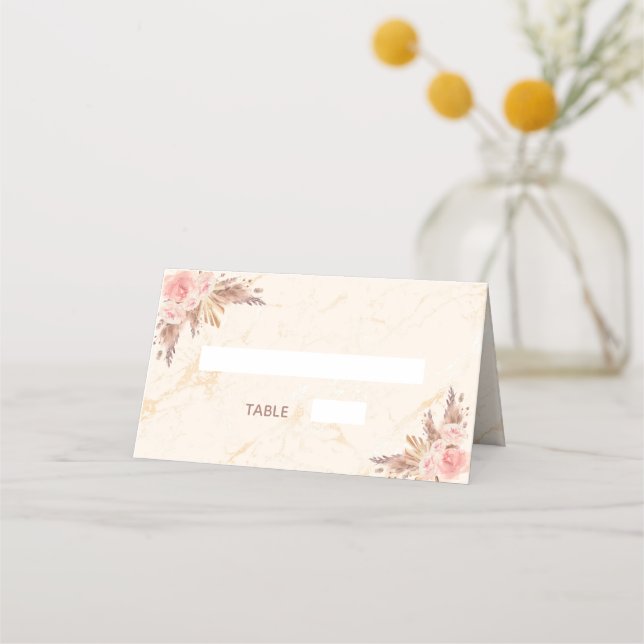 Baby shower pampas grass blush florals marble place card (Front)