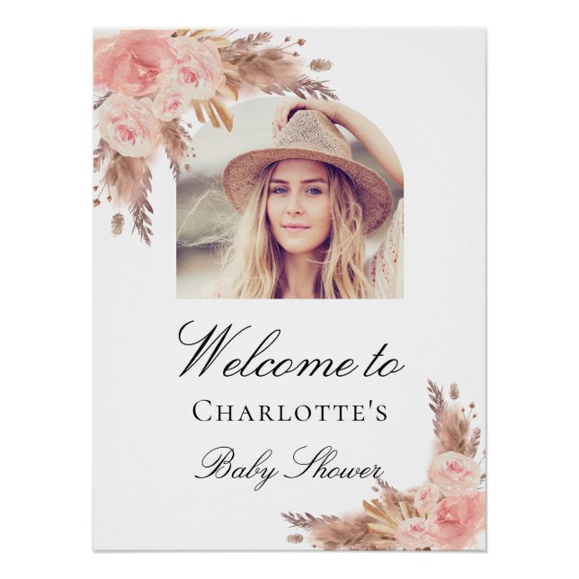 Baby Shower pampas grass blush pink arch photo Poster (Front)