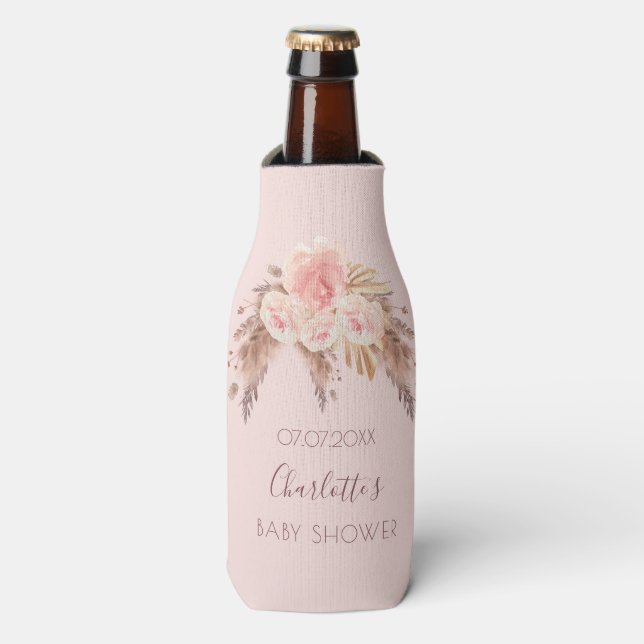 Baby shower pampas grass blush rose floral name bottle cooler (Bottle Front)