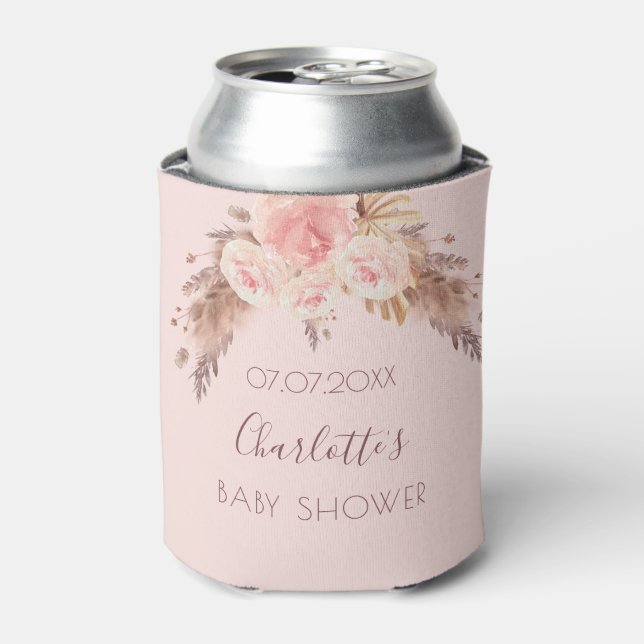 Baby shower pampas grass blush rose floral name can cooler (Can Front)