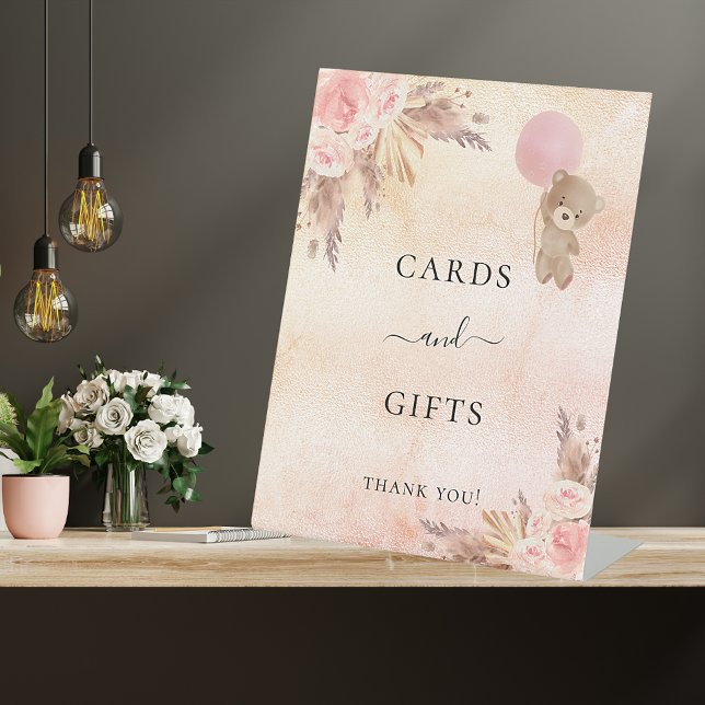 Baby shower pampas grass blush teddy cards gifts pedestal sign (Creator Uploaded)