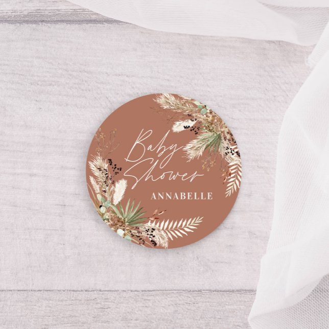 Baby shower pampas grass modern terracotta elegant classic round sticker (Creator Uploaded)