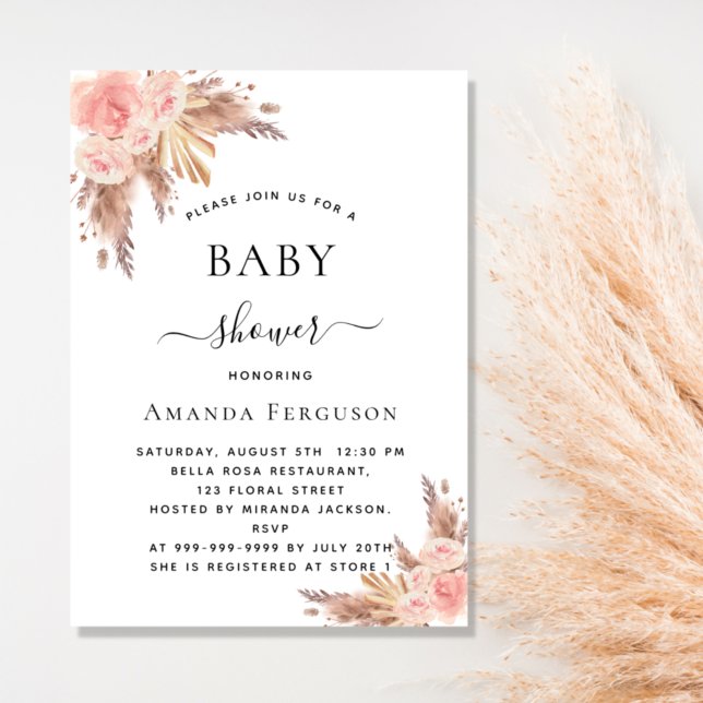 Baby shower pampas grass rose gold blush floral invitation (Creator Uploaded)