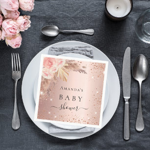 Baby Shower pampas grass rose gold floral glitter Napkin