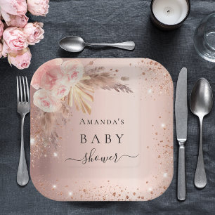 Baby Shower pampas grass rose gold floral glitter Paper Plate