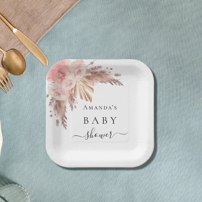 Baby Shower pampas grass rose gold florals white Paper Plate (Creator Uploaded)