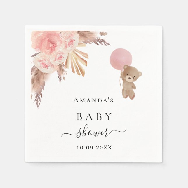 Baby Shower pampas grass rose gold teddy Napkin (Front)