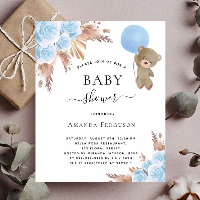 Baby shower pampas grass teddy bear blue budget flyer (Creator Uploaded)