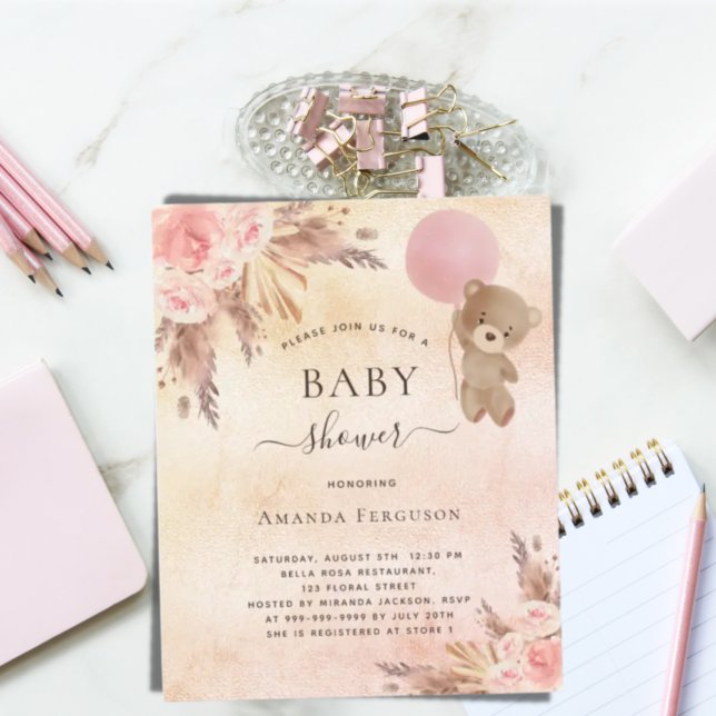 Baby shower pampas grass teddy bear pink budget flyer (Creator Uploaded)