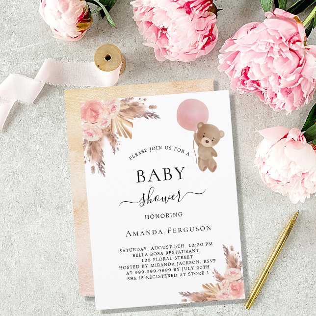 Baby shower pampas grass teddy bear pink girl invitation (Creator Uploaded)