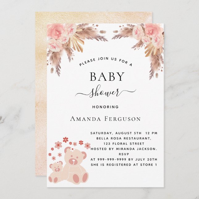 Baby shower pampas grass teddy bear rose gold girl invitation (Front/Back)