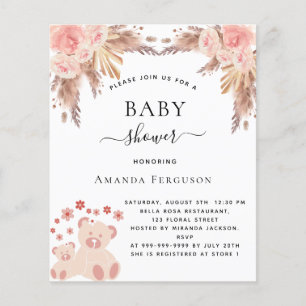 Baby shower pampas grass teddy budget invitation flyer
