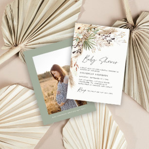 Baby shower pampas modern elegant sage green photo invitation