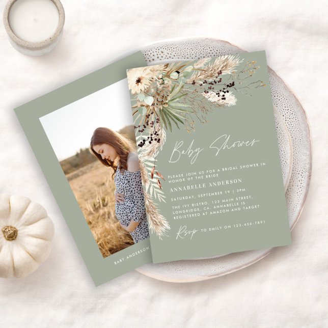 Baby shower pampas modern elegant sage green photo invitation (Creator Uploaded)