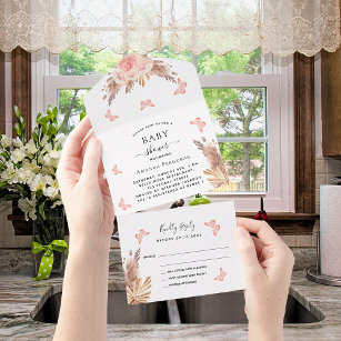 Baby Shower pampas rose gold butterfly floral RSVP All In One Invitation