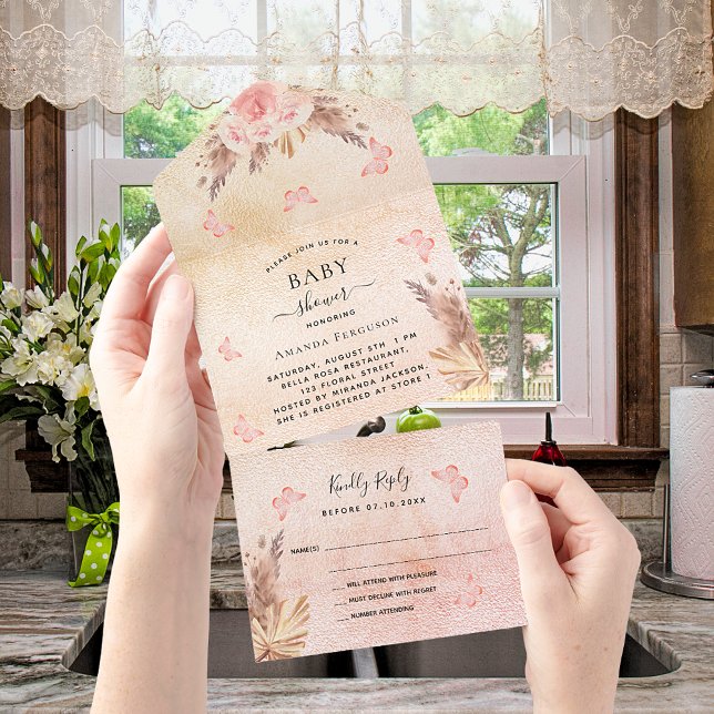 Baby Shower pampas rose gold butterfly floral RSVP All In One Invitation (Creator Uploaded)