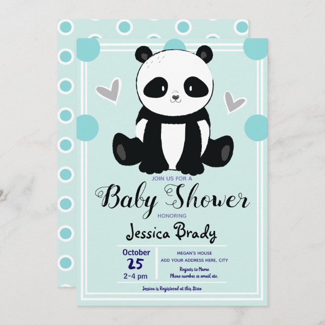 Baby Shower Panda Sitting and Blue Polka Dots Invitation (Front/Back)