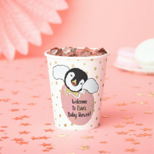 Baby Shower Paper Cups "Gold/Pink Penguin" 8 oz.