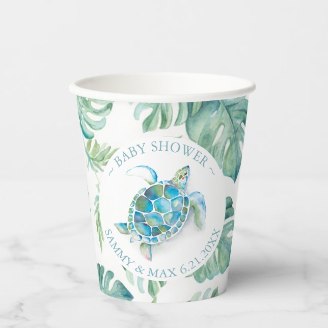 Baby Shower Paper Cups Tropical Sea Turtle (Front)