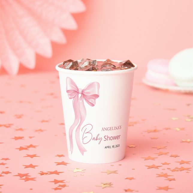 Baby shower paper cups with a delicate bow. (Insitu)