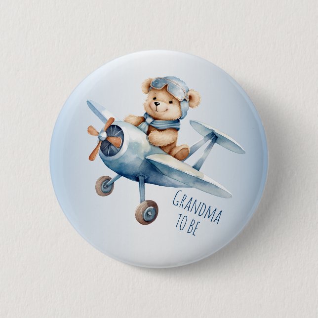 Baby Shower Party Baby Bear Pilot Blue Aeroplane  6 Cm Round Badge (Front)