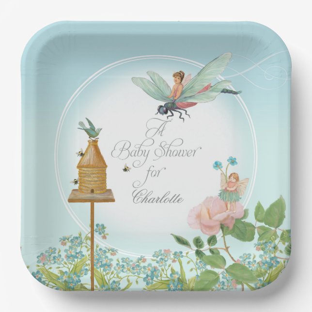Baby Shower Party Decor Girl Fairy Garden Bees Art Paper Plate (Front)