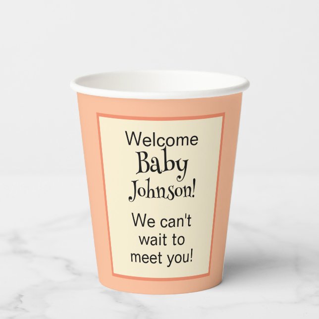 Baby Shower Party Peach Yellow Geometric Pattern Paper Cups (Back)