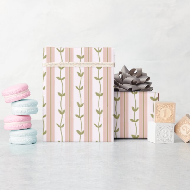 Baby Shower Pastel Pink Stripe Botanical Green Vin Wrapping Paper (Baby Shower)