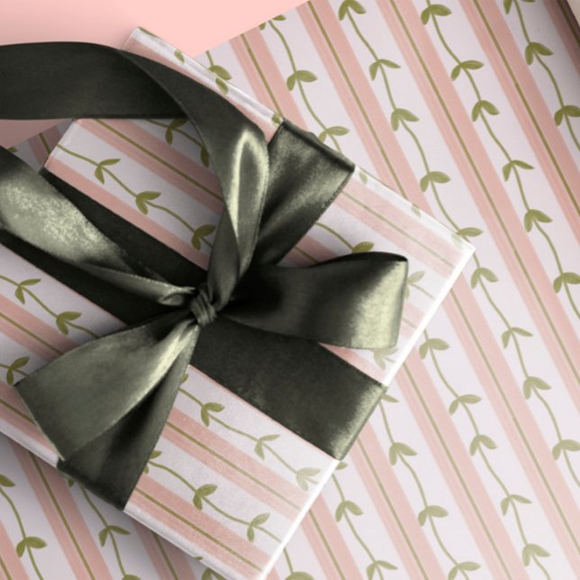 Baby Shower Pastel Pink Stripe Botanical Green Vin Wrapping Paper (Creator Uploaded)