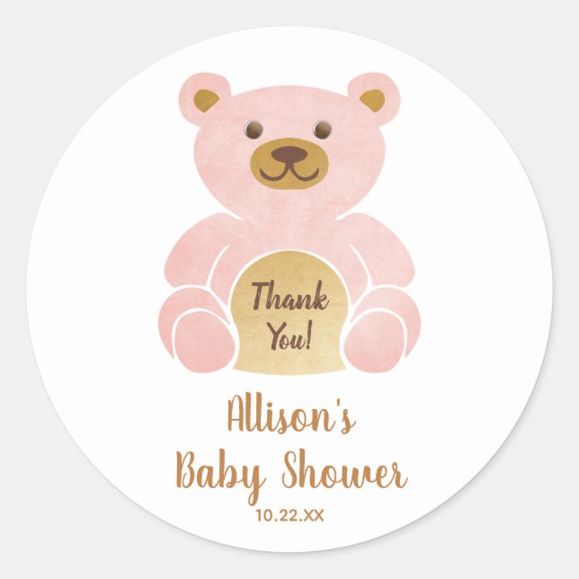 Baby Shower Pastel Pink Teddy Bear Thank You Classic Round Sticker (Front)