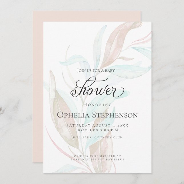 BABY SHOWER | Pastel Watercolor Wispy Foliage Invitation (Front/Back)