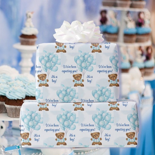 Baby Shower Personalise Text & Name Teddy Bear Boy Wrapping Paper (Creator Uploaded)