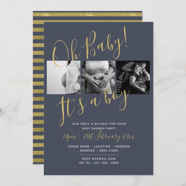 Baby Shower Photo Collage Invitation Midnight BLUE (Front/Back)
