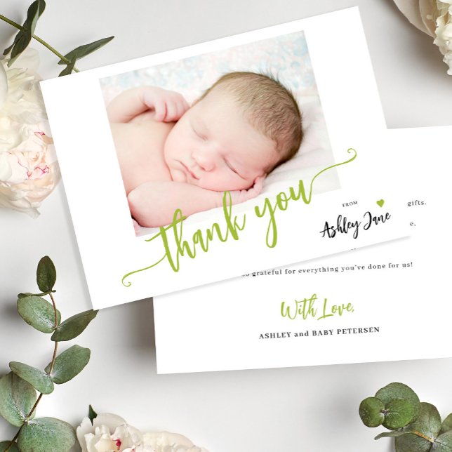 Baby shower photo personalised modern script thank you card (Creator Uploaded)